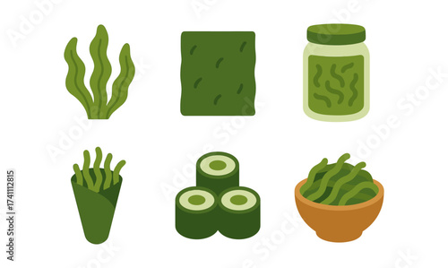Flat seaweed elements: sushi rolls, nori sheets, and more for culinary design