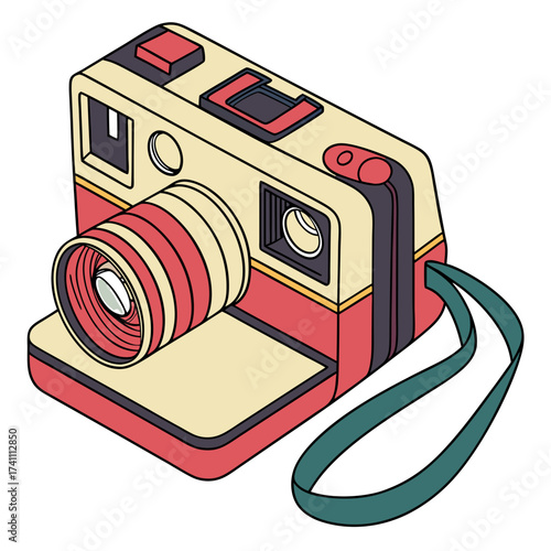 Retro style camera with red lens and teal strap digital camera