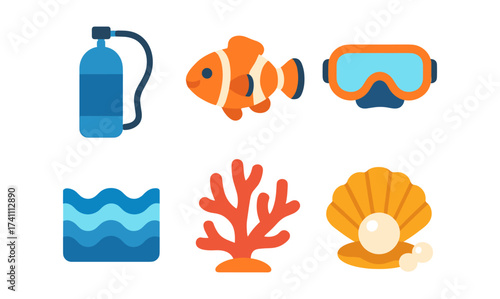 Flat underwater icons: diving gear, marine life, and ocean elements