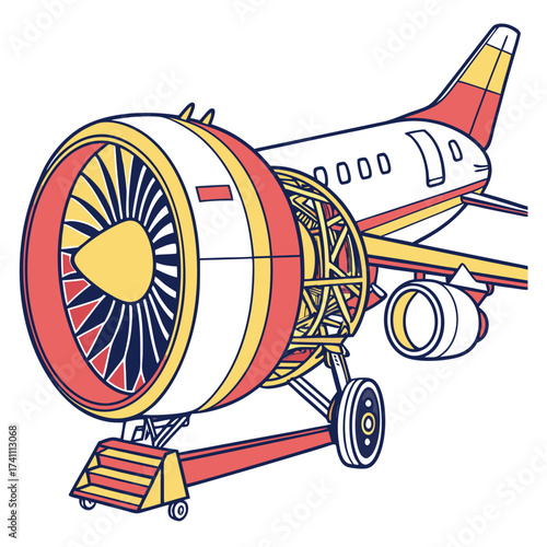 Stylized airplane jet engine on stand red yellow aviation