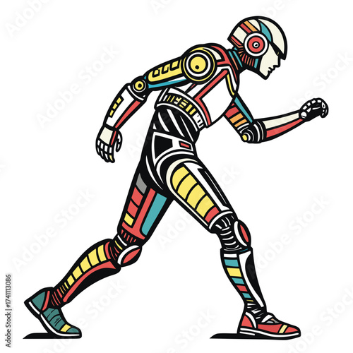 Stylized humanoid robot in motion with colorful geometric patterns