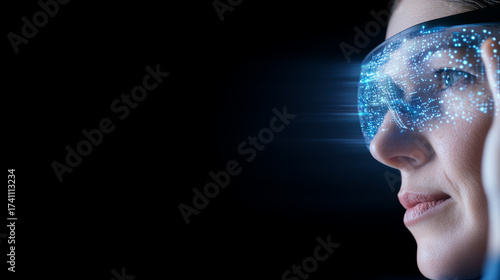 Person using augmented reality glasses, showcasing futuristic interface with digital elements. glasses reflect high tech environment, emphasizing innovation and technology