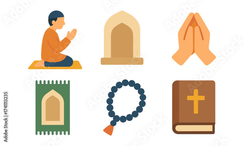 Flat design religious symbols: prayer, faith, and spiritual icons for diverse beliefs