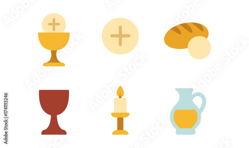 Flat design communion symbols: chalice, bread, wine, candle, host