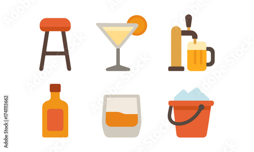 Bar and beverage icons set featuring drinks and accessories in a flat style