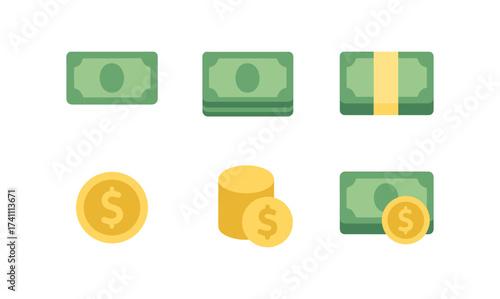 Flat style currency icons: money bills and coins