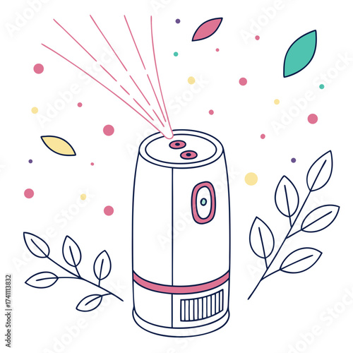 White air purifier with pink mist and colorful dots