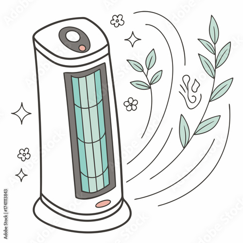 White air purifier with teal vents and flowing air