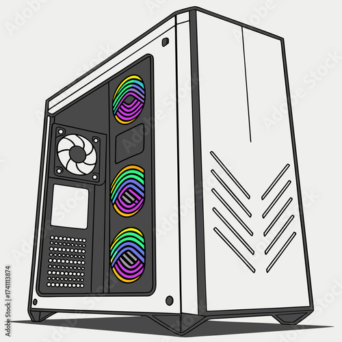 White computer tower with rainbow rgb fans and front fan