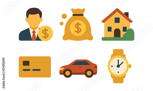Flat design icons of financial and lifestyle concepts with money, house, and more