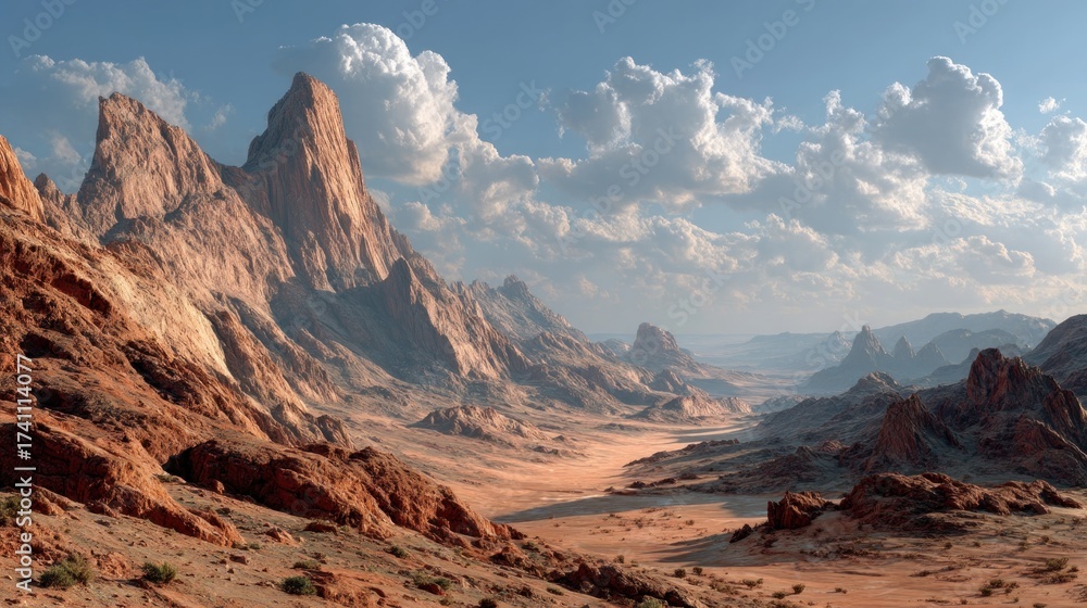 Naklejka premium Majestic mountains and desert landscape with a blue sky full of clouds