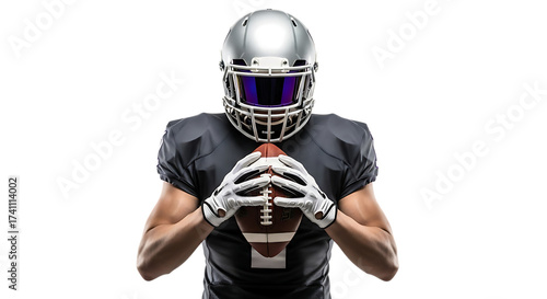 American football player holding ball isolated on transparent background