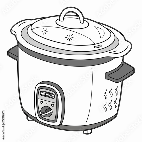 White electric rice cooker with gray accents and steam