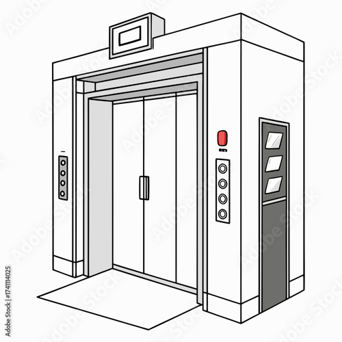White elevator with red call button and gray panel
