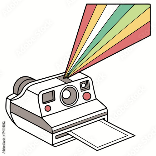 White instant camera with colorful light beams photography
