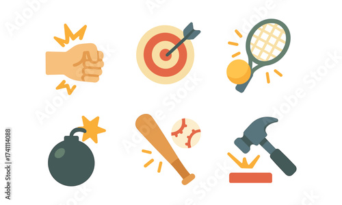 Dynamic icons set featuring sports equipment, tools, and symbols in colorful flat design