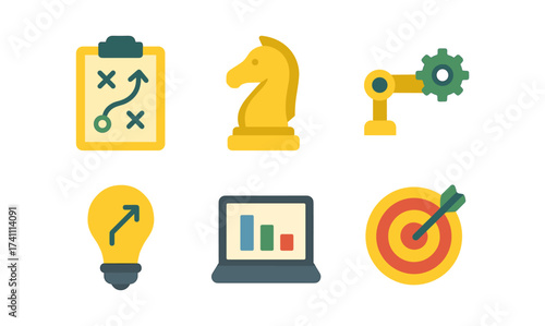 Business strategy icons set with chess knight and progress chart