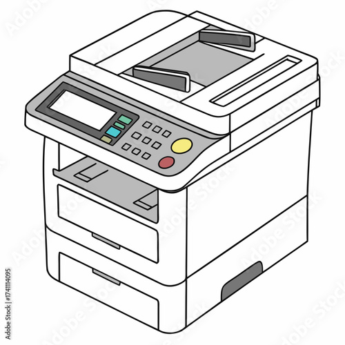 White office copier with colorful buttons and gray accents