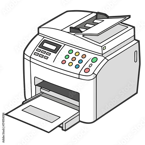 White office copier with colorful buttons and paper output 1