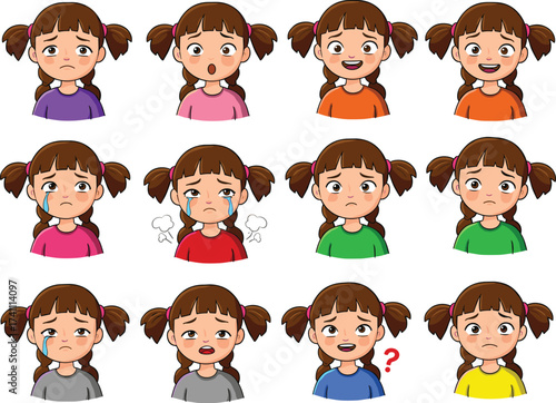 Cartoon girl emotions, facial expressions grid, sadness, happiness, anger, confusion, crying, educational illustration, emotional learning, child character set