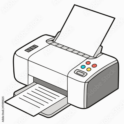 White printer with colorful buttons and paper output