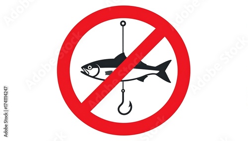 No Fishing Sign: Vector Illustration of Prohibited Fishing, No Fishing Allowed
