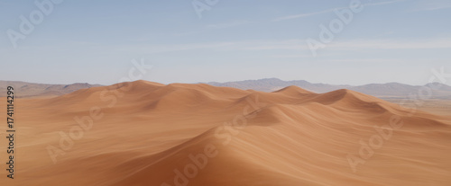Vast desert landscape featuring rolling sand dunes under clear blue sky, showcasing beauty of nature arid terrain. warm tones of sand create serene and tranquil atmosphere