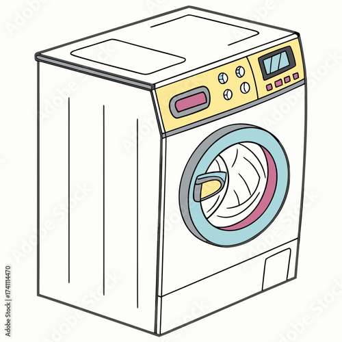 White washing machine with yellow control panel and blue door trim