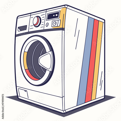 White washing machine with colorful stripes and digital panel