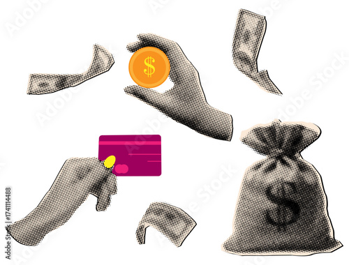 Set of halftone collage elements hand holding coin, card, bag of money, and falling dollars,trendy collage cut out elements from paper