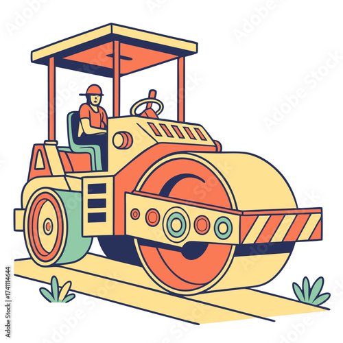Yellow and orange road roller machine with driver construction