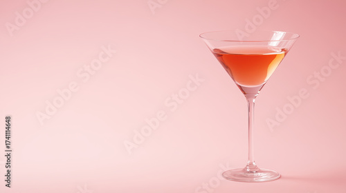 Stunning cocktail glass filled with vibrant drink stands elegantly against soft pink background, creating warm and inviting atmosphere perfect for celebrations