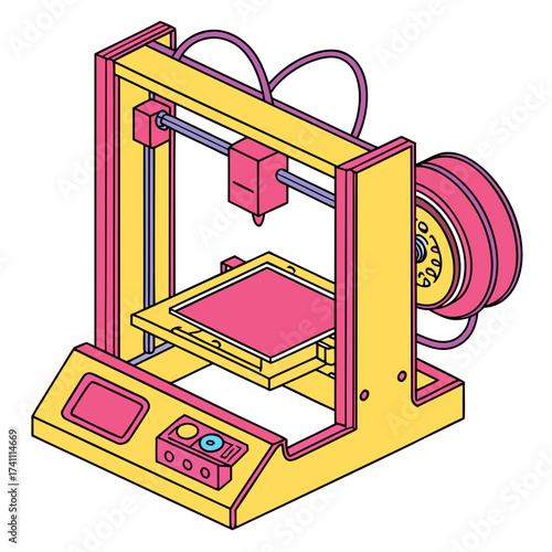 Yellow and pink 3d printer with purple accents machine