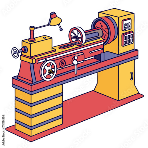 Yellow and red lathe machine with blue accents industrial