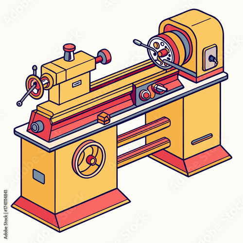 Yellow and red lathe machine isometric industrial manufacturing
