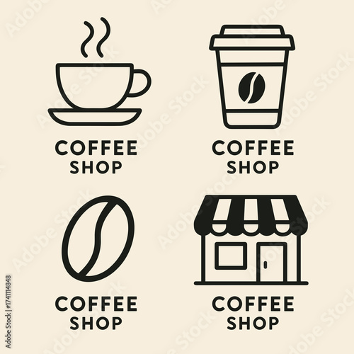 Coffee shop logo elements in minimalist design showcasing coffee cups and branding concepts