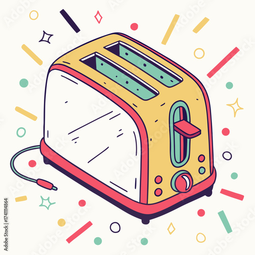 Yellow and red toaster with teal slots and cord kitchen appliance