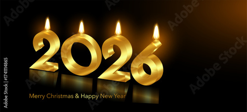 2026 Happy New Year banner, 2026 lit candle 3D gold numbers with fire, Merry Christmas, Festive sparkle holiday card, invitation on black background, copy space for your text, vector illustration