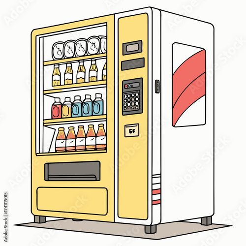 Yellow and white vending machine with drinks bottles