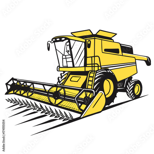 Yellow combine harvester cutting wheat graphic agriculture