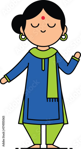 Cartoon South Asian character, traditional attire, blue kurta, green churidar, cultural illustration, graceful pose, bindi, dupatta, artistic expression