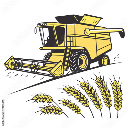 Yellow combine harvester in field with wheat stalks