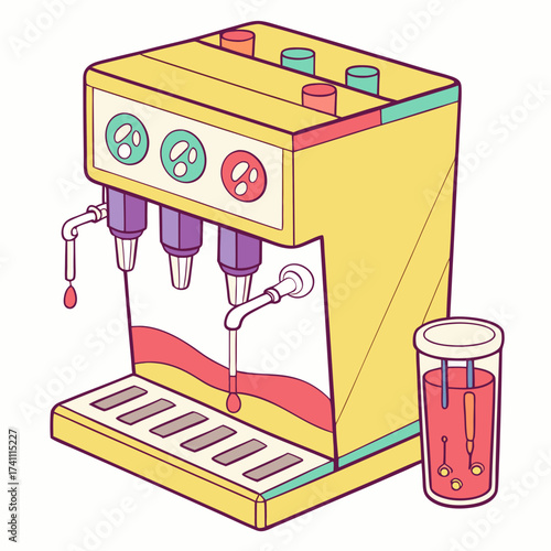 Yellow soda fountain machine with red drink beverage