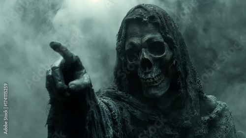 A skeleton covered in dried skin and dressed in a black cloak points a finger in front of him towards the viewer. Skeleton-death on the background of a full moon looks ahead, portrait. Halloween