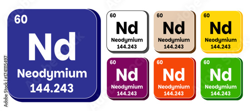 Nd, Neodymium element vector icon set, periodic table element. Vector illustration EPS 10 File. Isolated on white background.
