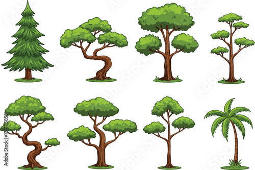 Cartoon tree collection, coniferous, deciduous, tropical, foliage shapes, nature illustration, forest elements, greenery, environment, whimsical style, vector art