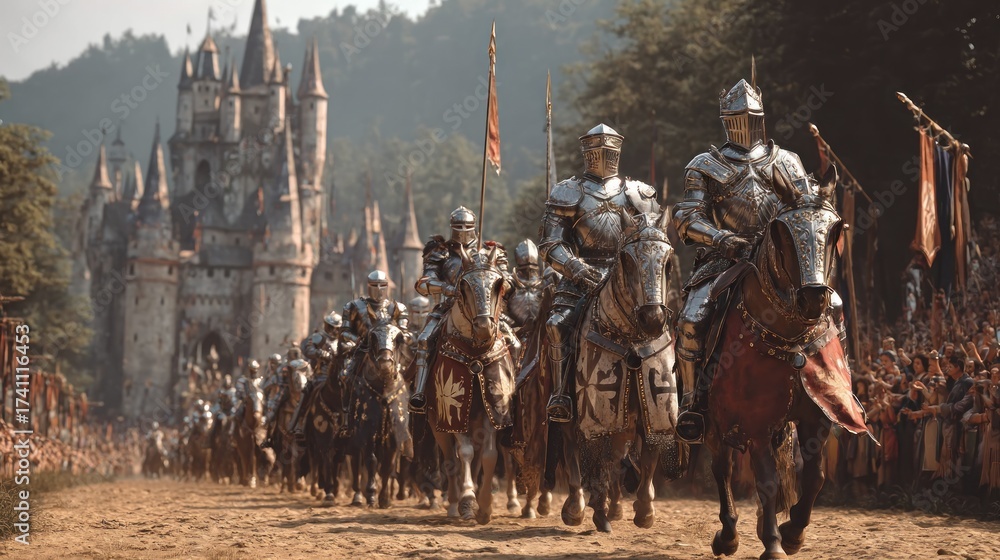 Naklejka premium Knights in shining armor riding horses, historical medieval castle in the background