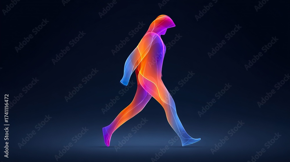 Obraz premium Abstract walking figure silhouette colorful design against dark backdrop