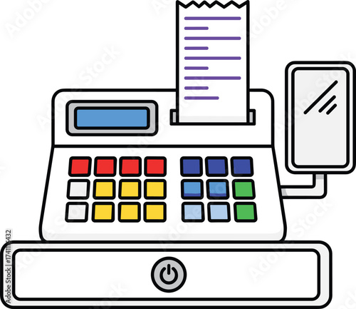 Cash register vector illustration, retail checkout system icon, colorful keypad with receipt, point of sale terminal, payment device graphic