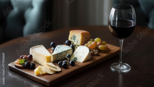 Gourmet Cheese Board with Red Wine Glass on Wooden Table.
